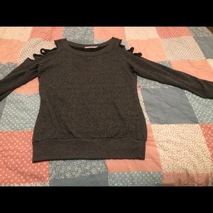 Grey chance or fate sweatshirt w shredded shoulder